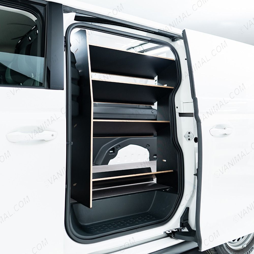 Close-up NS side angle van view of the Peugeot Partner L2 NS Front x4 Side Load Toolbox Shelves Hexaboard Van Racking