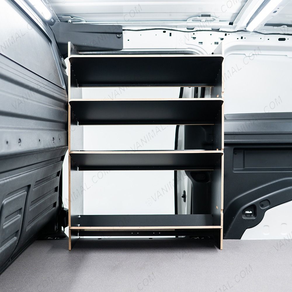NS side van view of the Peugeot Partner L2 OS Front x4 Angled-In Toolbox Shelves Hexaboard Van Racking - OS door displayed open