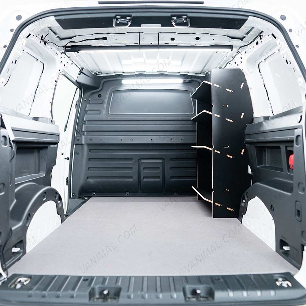 Rear van view of the Peugeot Partner L2 OS Front x4 Angled-In Toolbox Shelves Hexaboard Van Racking