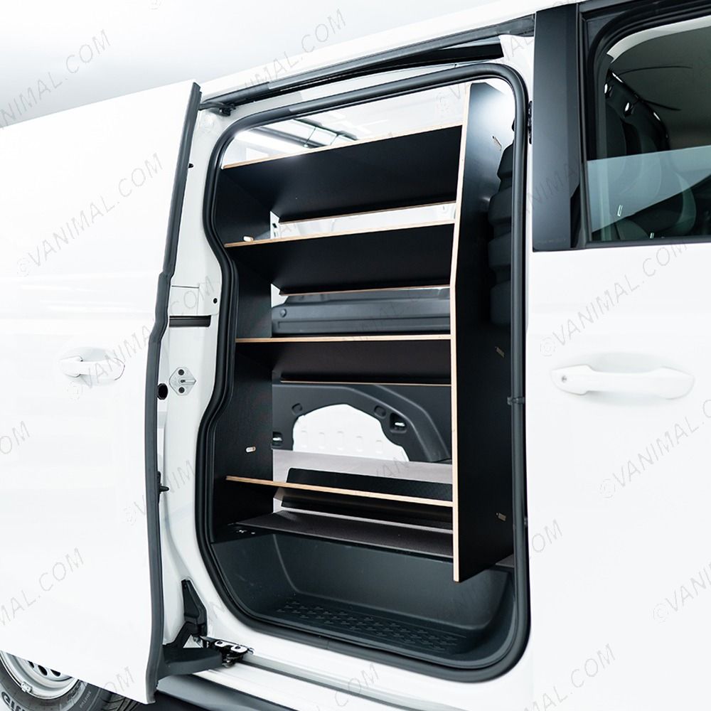 OS side angle view of the Peugeot Partner L2 OS Front x4 Side Load Toolbox Shelves Hexaboard Van Racking