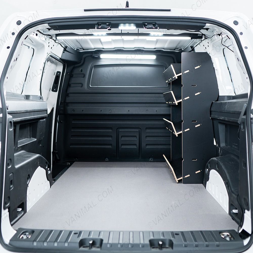 Rear van view of the Peugeot Partner L2 OS Front x4 Side Load Toolbox Shelves Hexaboard Van Racking