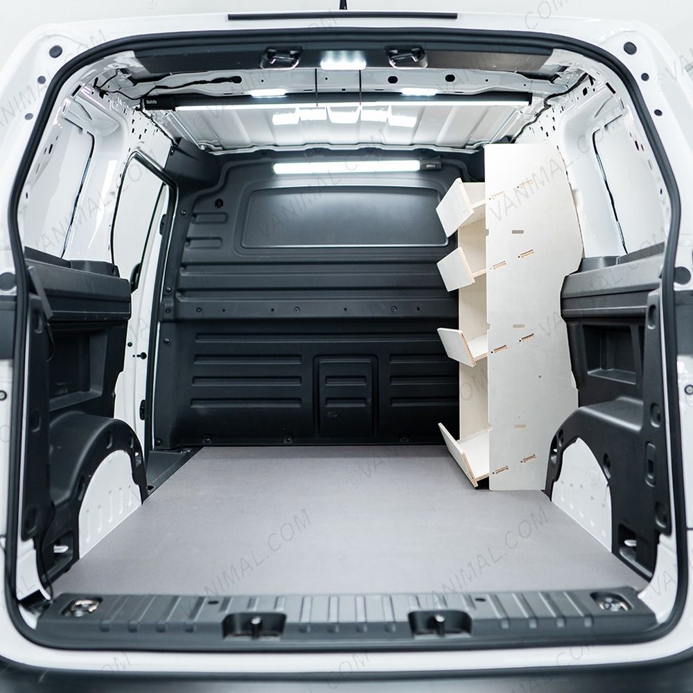 Rear van view of the Peugeot Partner L2 OS Front x4 Side Load Toolbox Shelves Van Racking