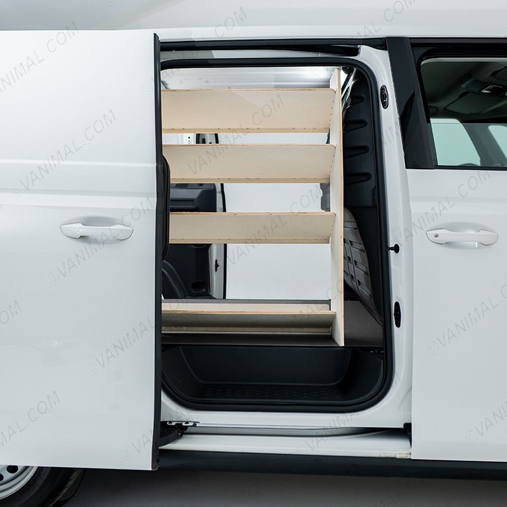 OS side van view of the Peugeot Partner L2 OS Front x4 Side Load Toolbox Shelves Van Racking