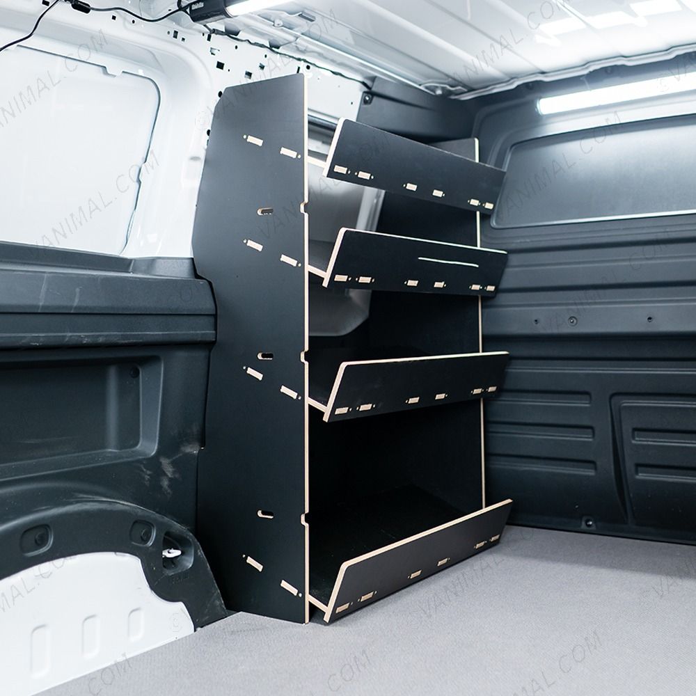 NS side view of the Proace City Long Double Front Side Load Toolbox Hexaboard Van Racking