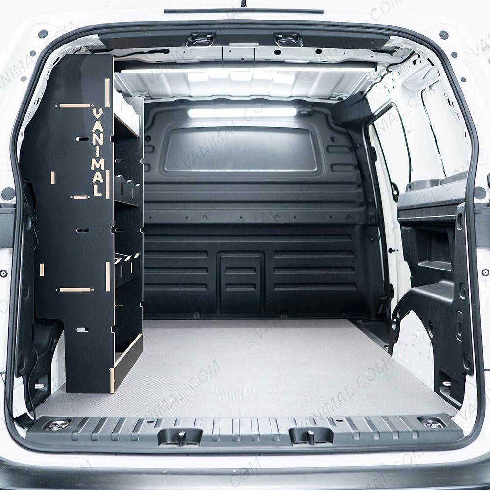 Rear van view of the Peugeot Partner L2 NS Rear Multi-Compartment Hexaboard Van Racking
