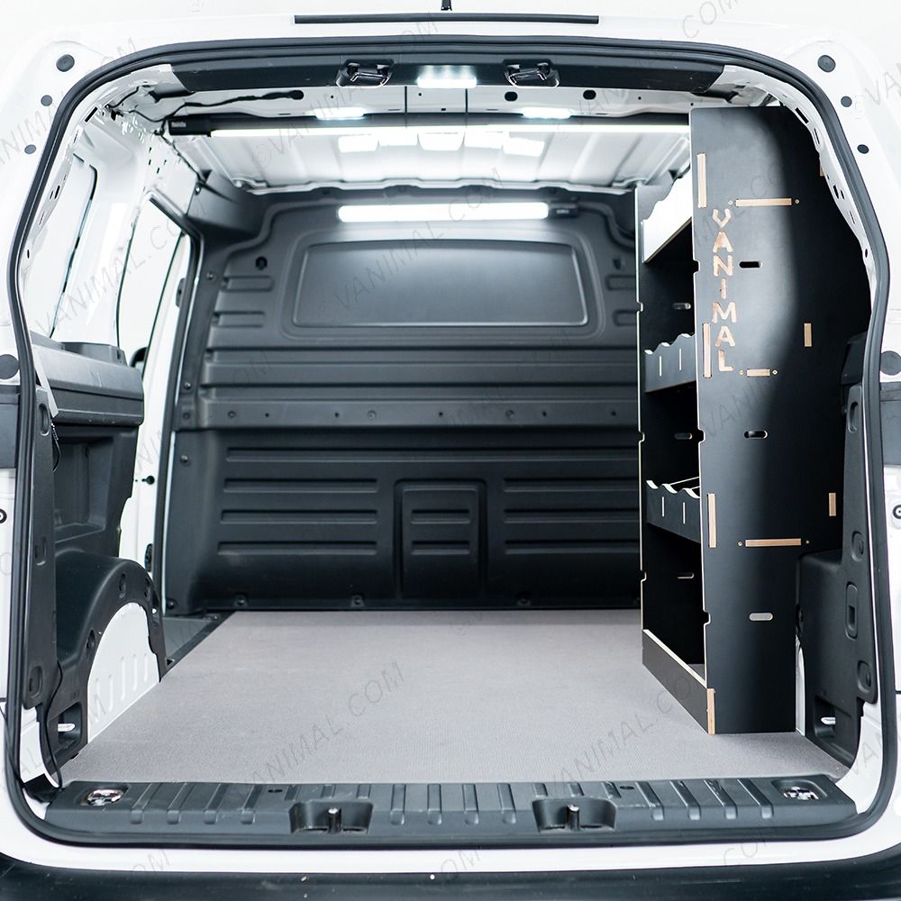 Rear van view of the Peugeot Partner L2 OS Rear Multi-Compartment Hexaboard Van Racking
