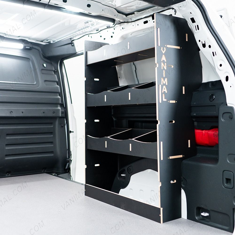 Rear van side angle view of the Partner L2 OS Rear Multi-Compartment Hexaboard Van Racking