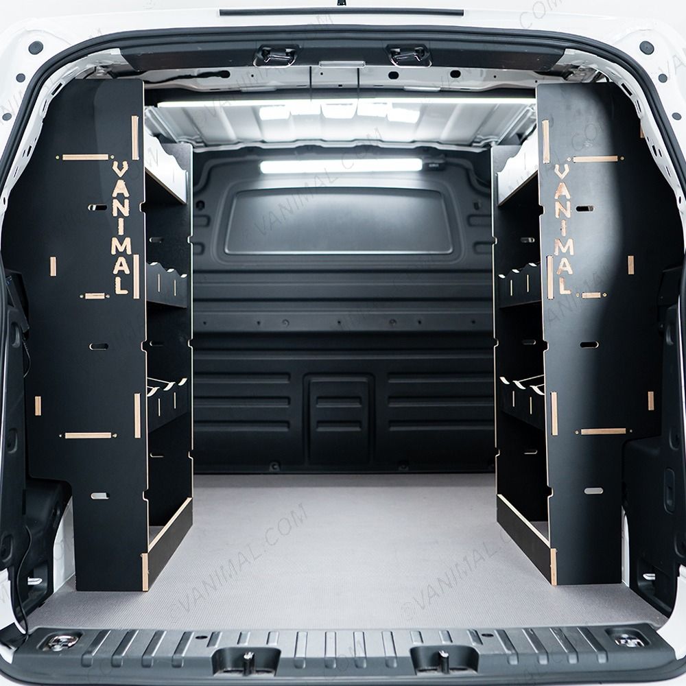 Rear van view of the Proace City Long Double Rear Multi-Compartment Hexaboard Van Racking