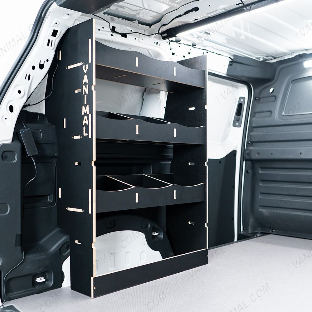 NS side angle view of the Proace City Long Double Rear Multi-Compartment Hexaboard Van Racking