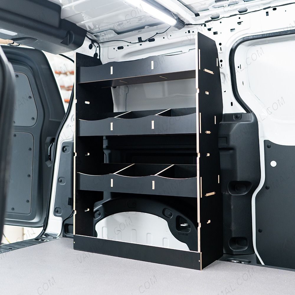 OS side door angle view of the Proace City Long Double Rear Multi-Compartment Hexaboard Van Racking