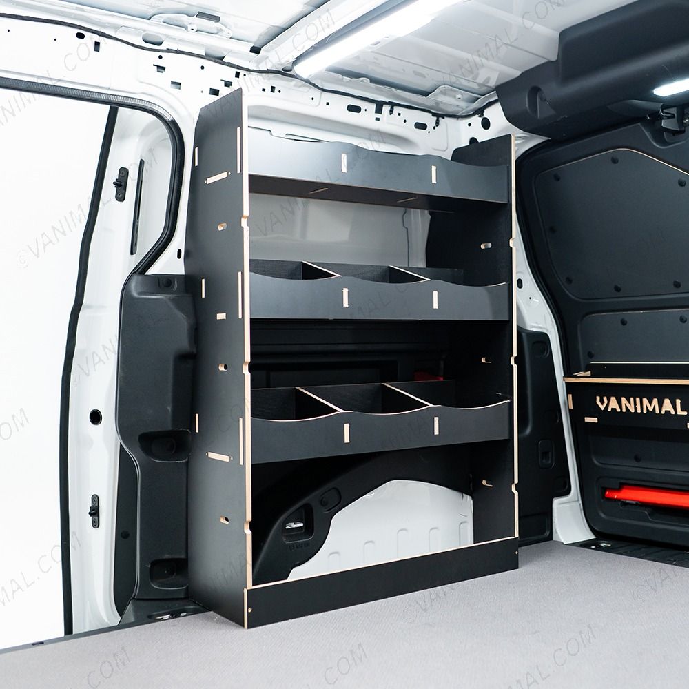 NS side door angle view of the Proace City Long Double Rear Multi-Compartment Hexaboard Van Racking