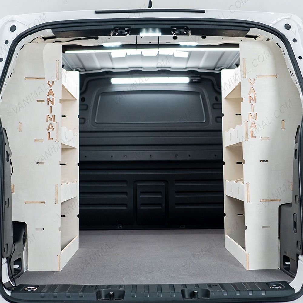 Rear van view of the Partner L2 Double Rear Multi-Compartment Van Racking