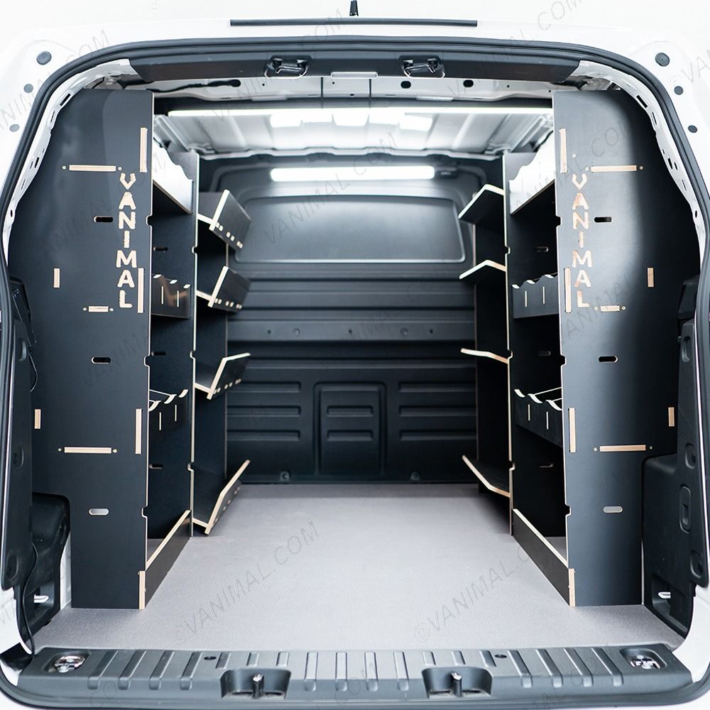Rear van view of the Proace City Long Hexaboard Full Van Racking: Compartments V3 NS Side Load & OS
