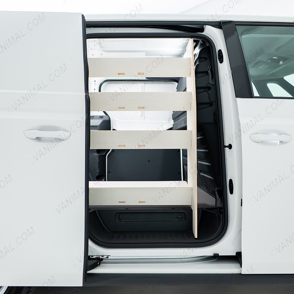 Driver van side view of the Toyota Proace City Long Full Van Racking: Compartments with NS Side Load & OS Shelves