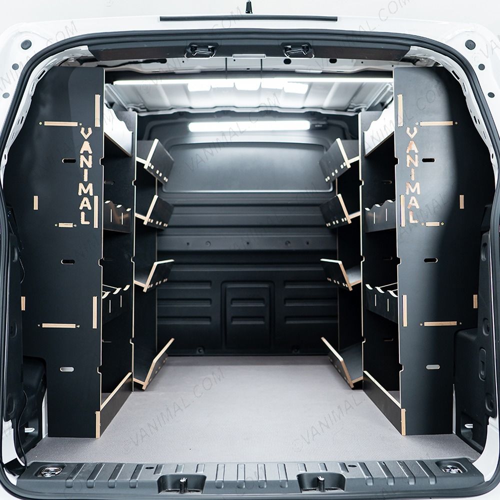 Rear van view of the Proace City Long Hexaboard Full Van Racking: Compartments V4 Side Load