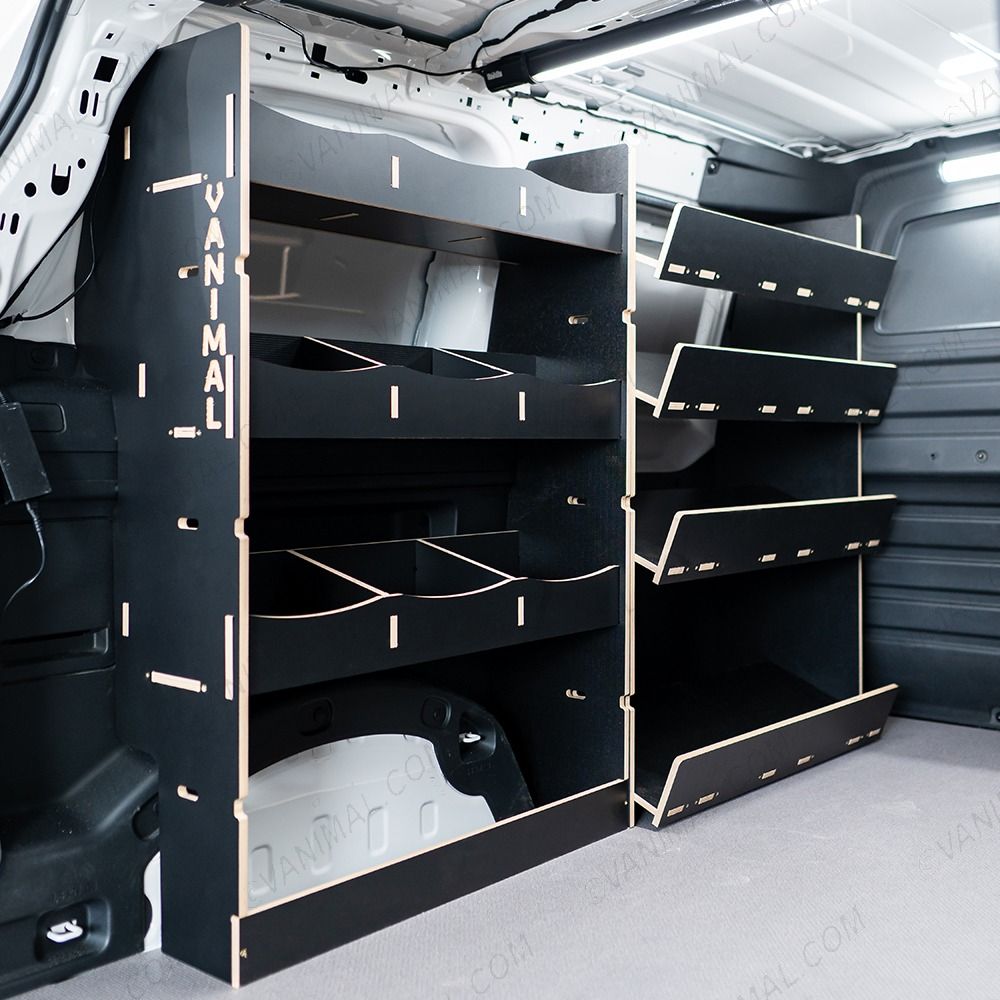 NS side angle view of the Proace City Long Hexaboard Full Van Racking: Compartments V4 Side Load