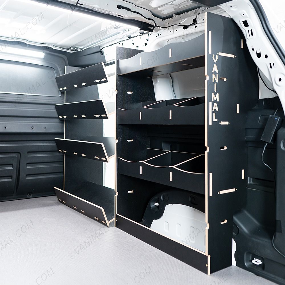 OS side angle view of the Proace City Long Hexaboard Full Van Racking: Compartments V4 Side Load - sliding door displayed open