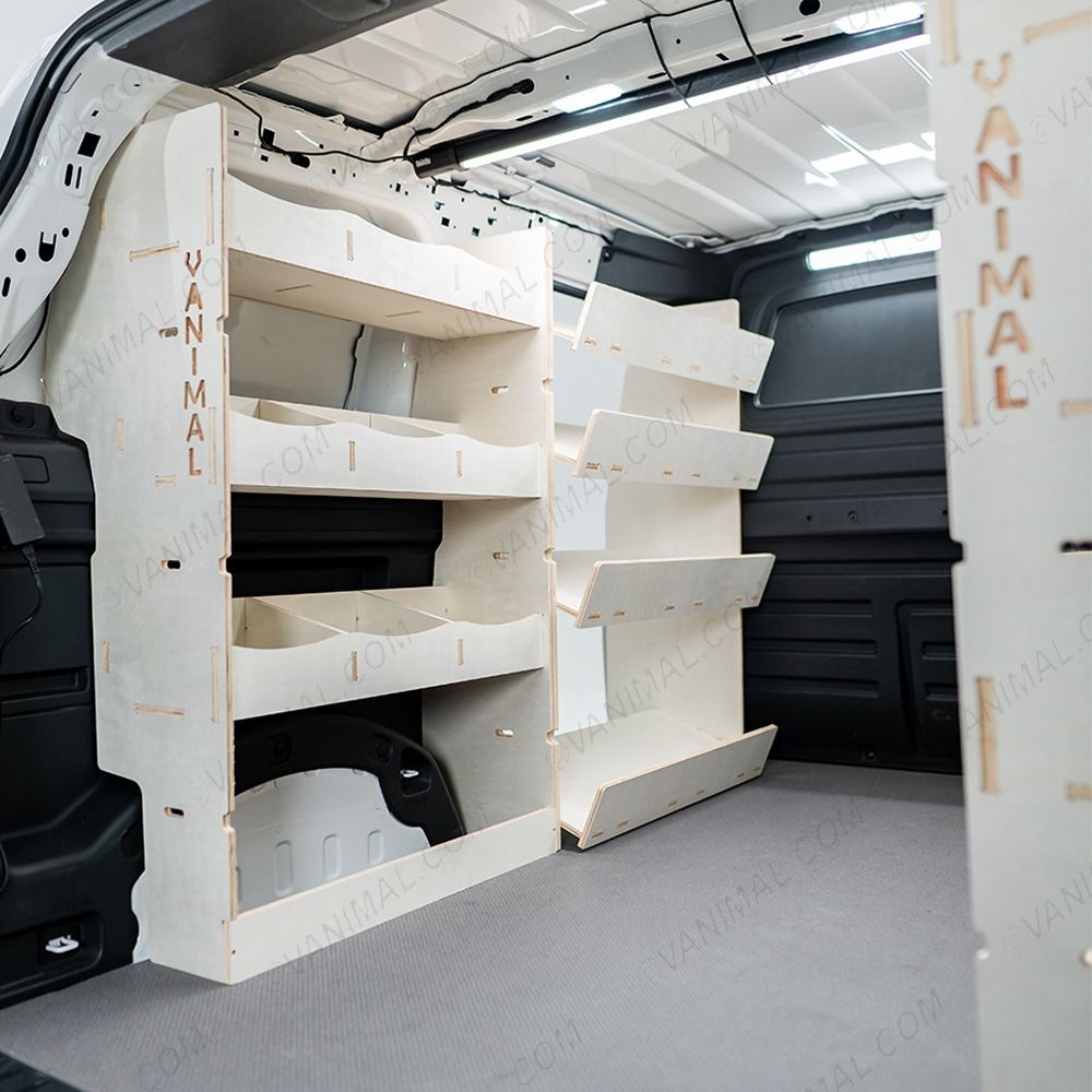 NS side view of the Toyota Proace City Long Full Van Racking: Rear Compartment & Side Load Toolbox Shelves