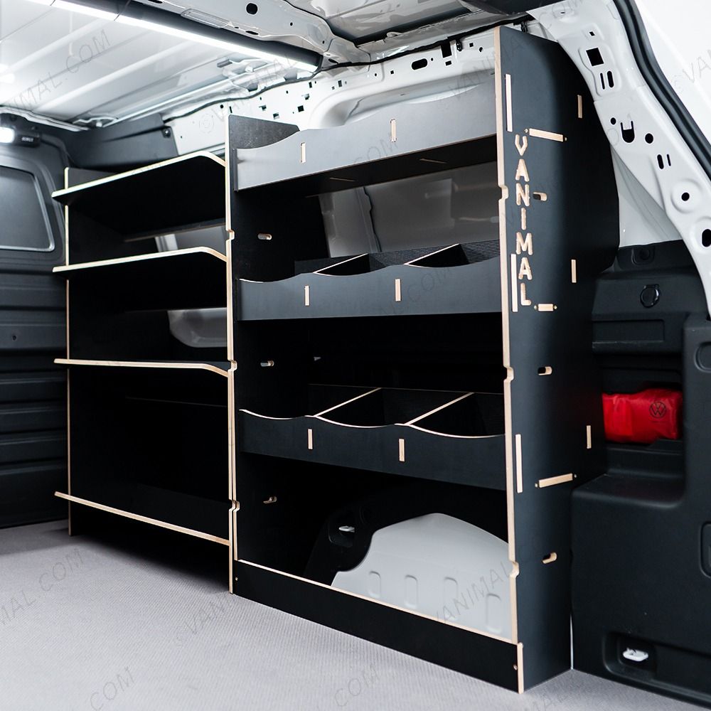 Rear van side angle view of the Proace City Long OS Hexaboard Van Racking: Compartment & x4 Toolbox Shelves