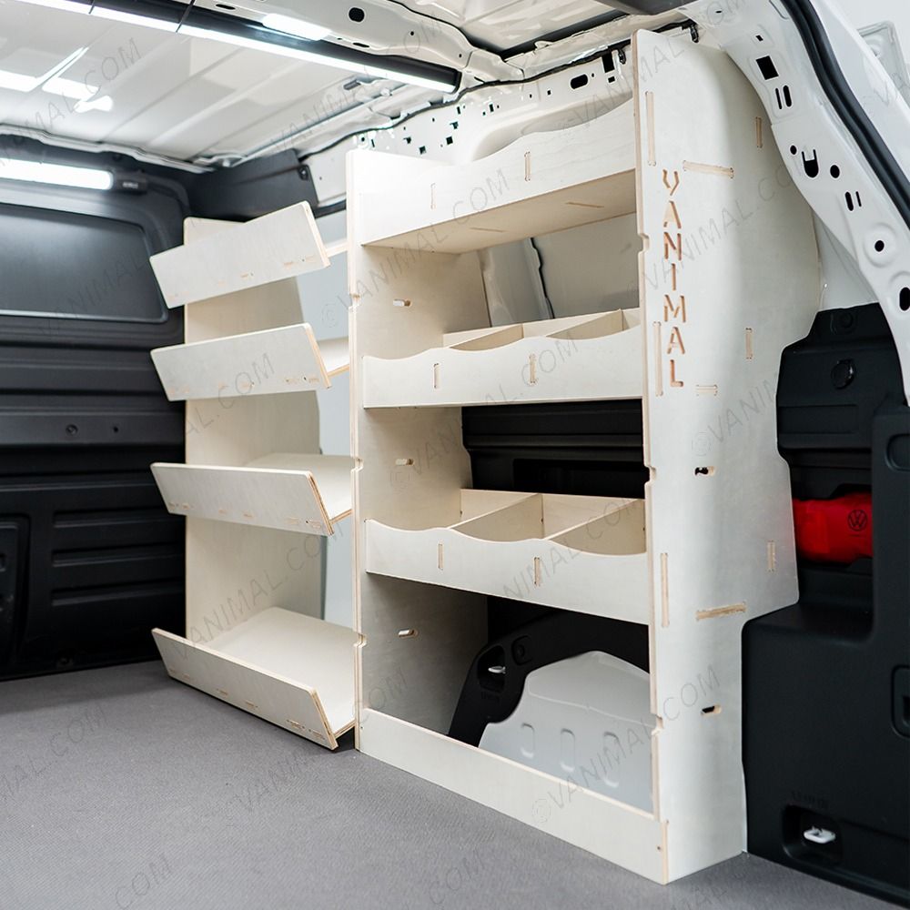 Rear van view of the Proace City Long OS Van Racking: Rear Compartment & Side Load Toolbox Shelves