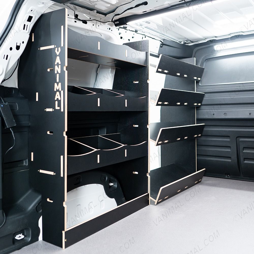 Rear van side angle view of the Proace City Long NS Hexaboard Van Racking: Compartment & Side Load Shelving - sliding door displayed open