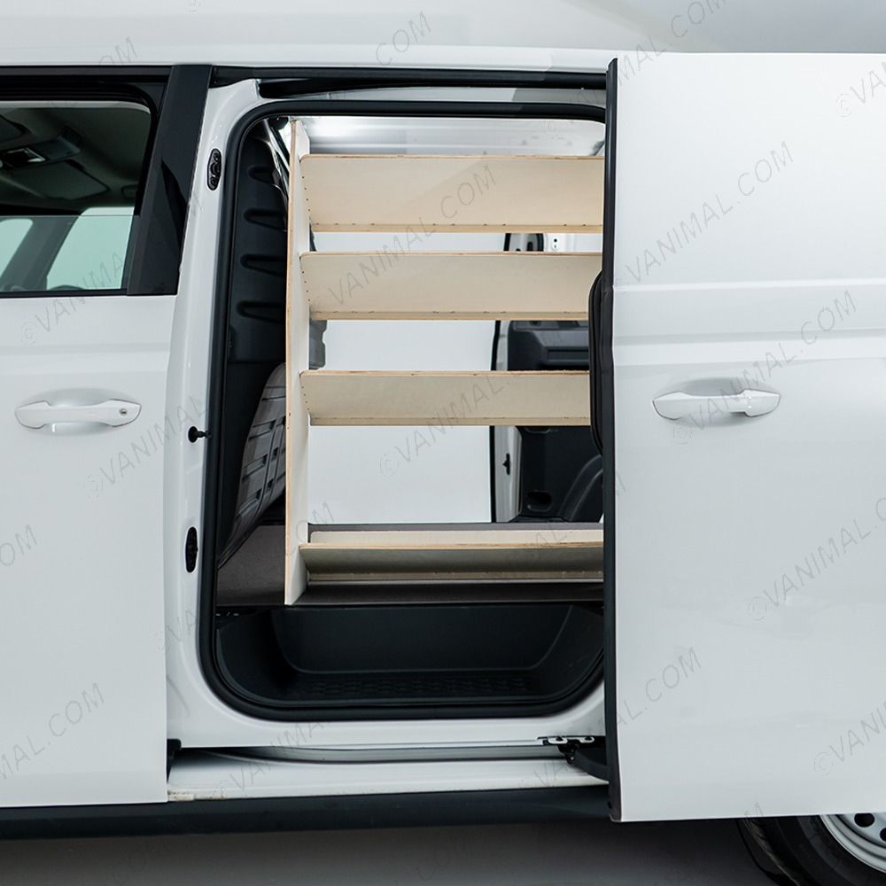Passenger side view of the VW ID Buzz Cargo NS Van Racking: Rear Toolbox Shelving & Front Side Load Shelves