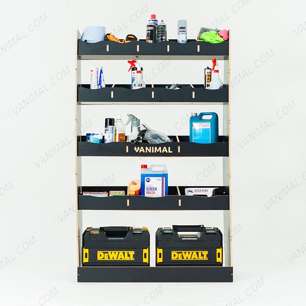 Front view of the MAN TGE 2017- MWB Hexaboard XL OS Van Racking and Shelving Unit displayed with tools and equipment