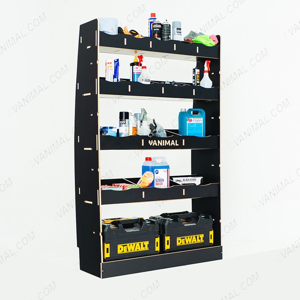 LH side angle view of the MAN TGE 2017- MWB Hexaboard XL OS Van Racking and Shelving Unit displayed with tools and equipment