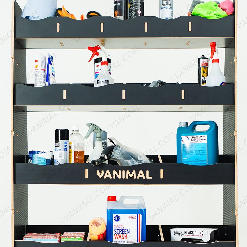 Close-up front view of the racking compartments displayed with tools and equipment