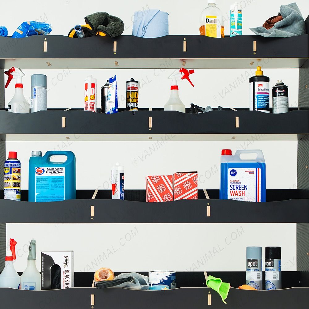 Close-up front view of the racking compartments displayed with tools and equipment 