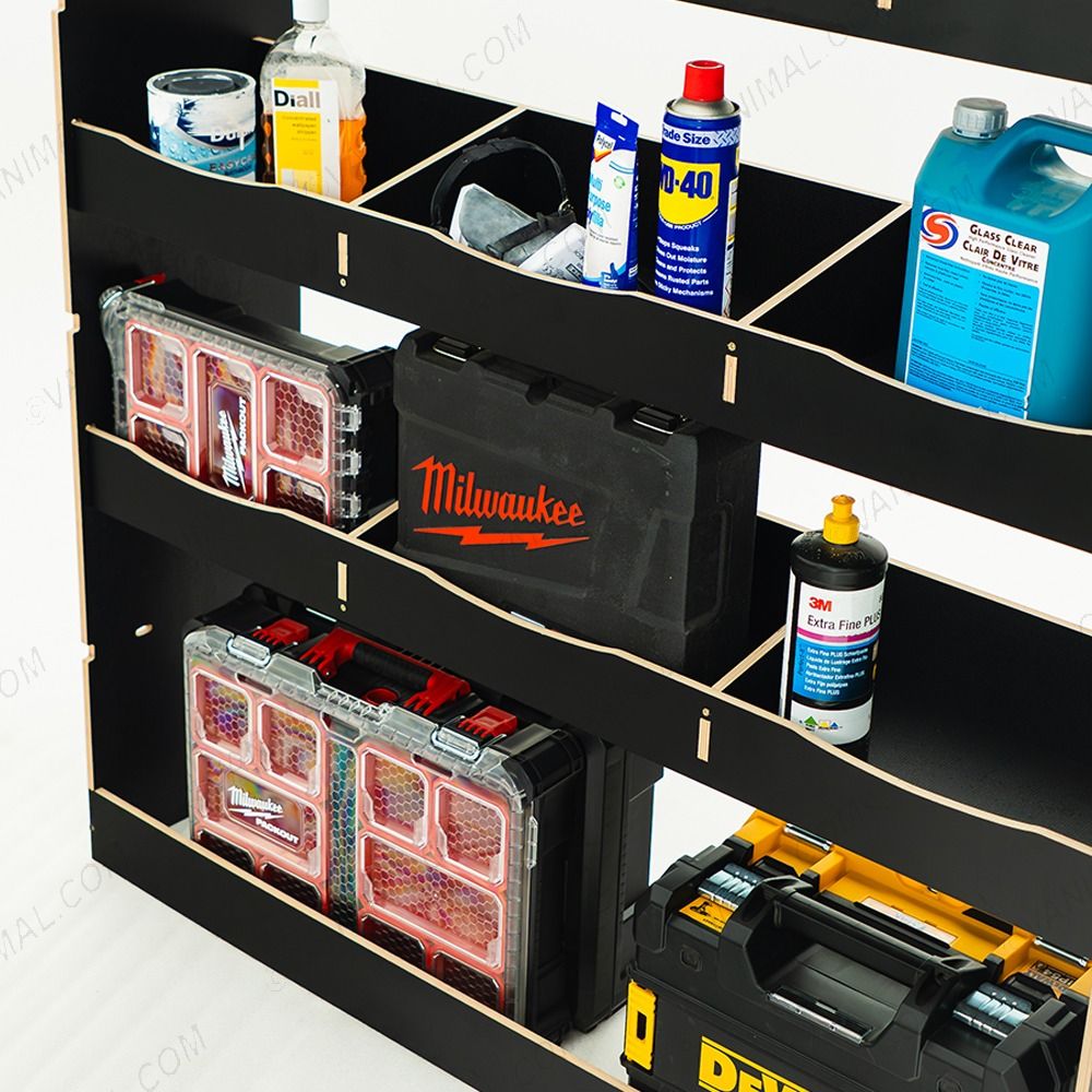 Close-up view of the racking compartments displayed with tools and equipment 