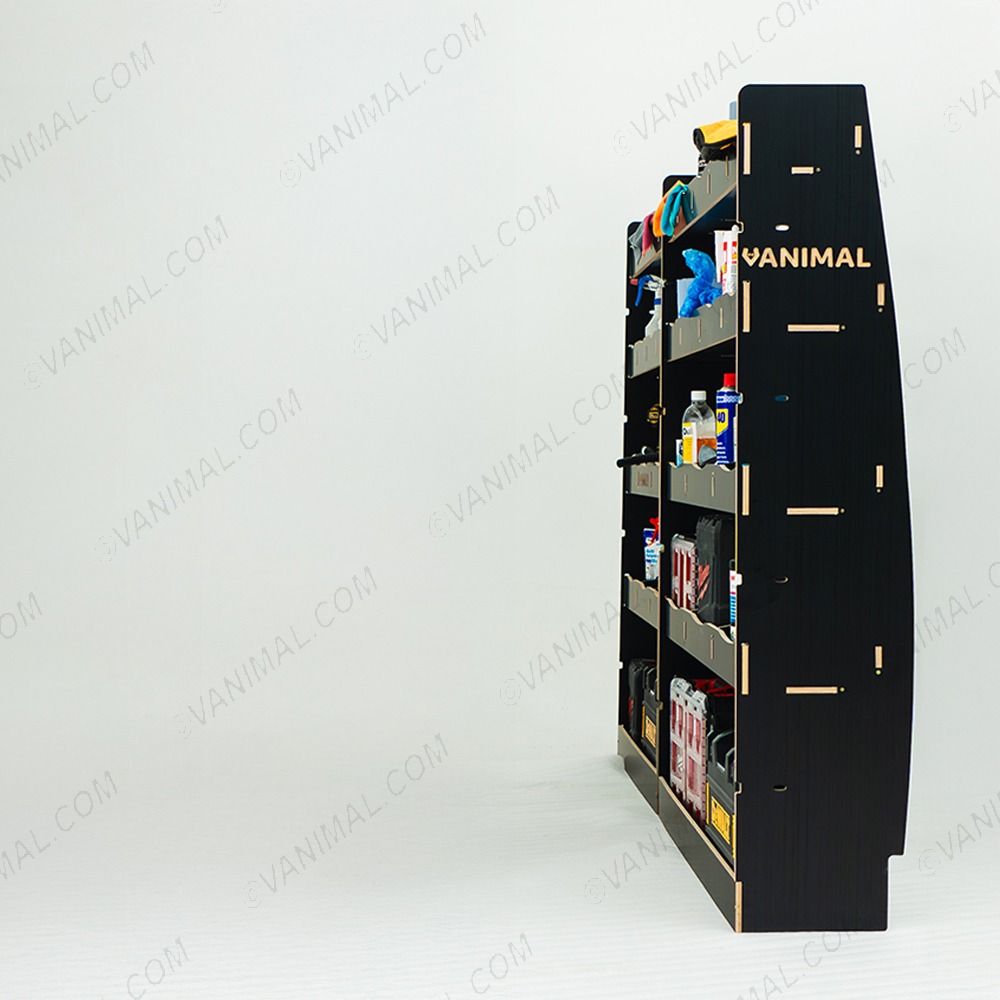 Rear van view of the Nissan Interstar 2025- Hexaboard Driver Side Van Racking (Multi-Compartment) displayed with tools and toolboxes