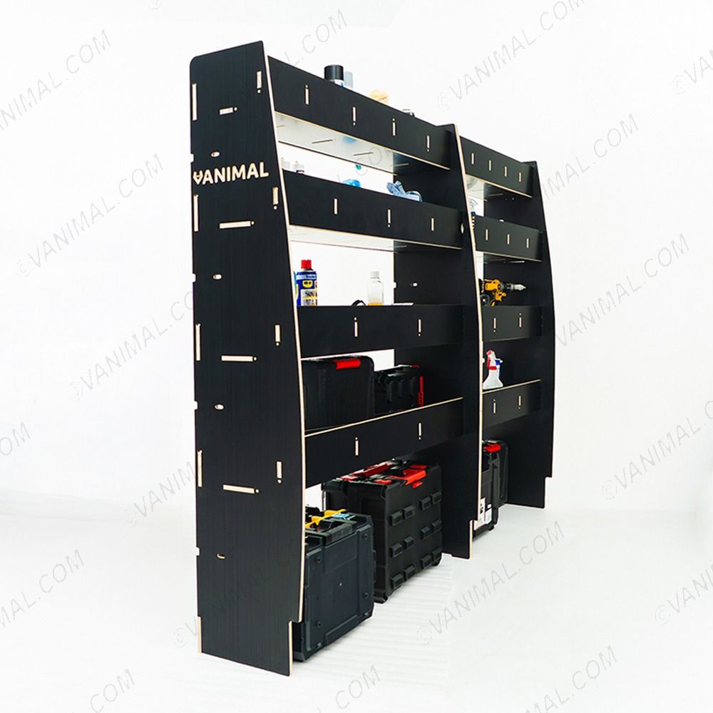 Back view of the Nissan Interstar 2025- Hexaboard Driver Side Van Racking (Multi-Compartment) displayed with tools and toolboxes