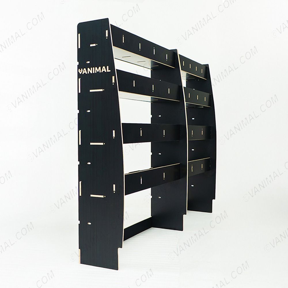 Back view of the Nissan Interstar 2025- Hexaboard Driver Side Van Racking (Multi-Compartment) 