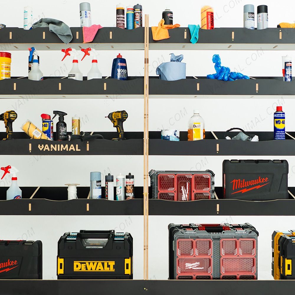 Close-up front view of the racking compartments displayed with tools and equipment 