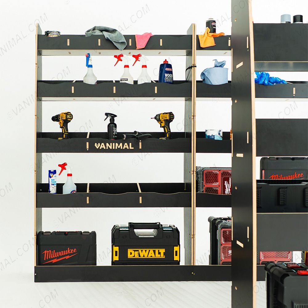 Side van view of the MAN TGE 2017- MWB Hexaboard Triple Van Racking System (Multi-Compartment) displayed with tools and toolboxes