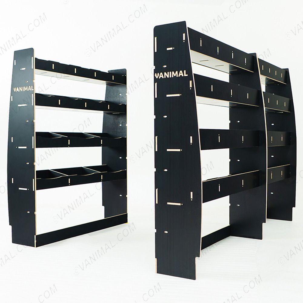 RH side angle view of the MAN TGE 2017- MWB Hexaboard Triple Van Racking System (Multi-Compartment)