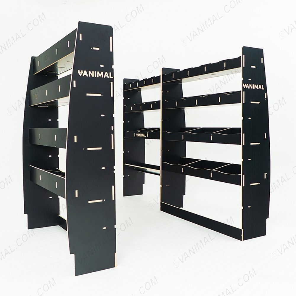 LH side angle view of the MAN TGE 2017- MWB Hexaboard Triple Van Racking with Toolbox Shelf