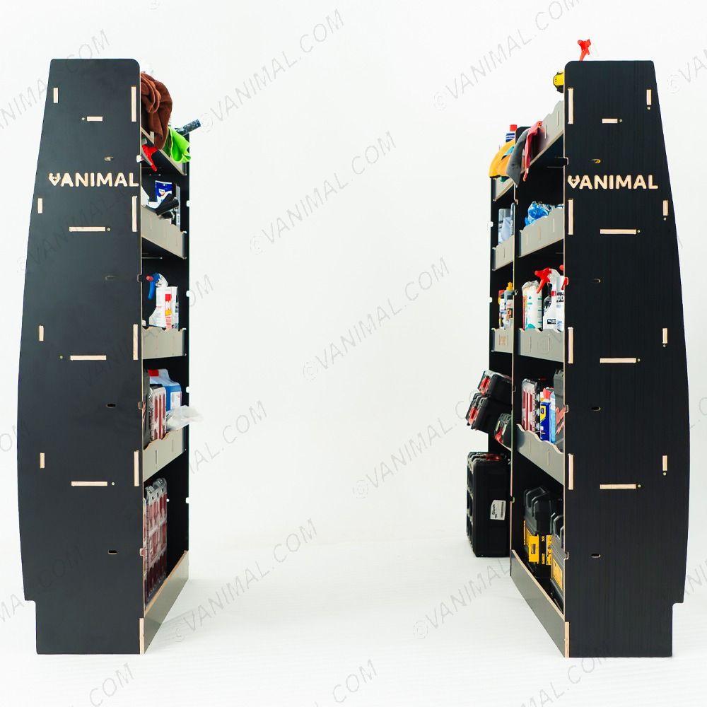 Rear van view of the MAN TGE 2017- MWB Hexaboard Triple Van Racking with Toolbox Shelf displayed with tools and toolboxes