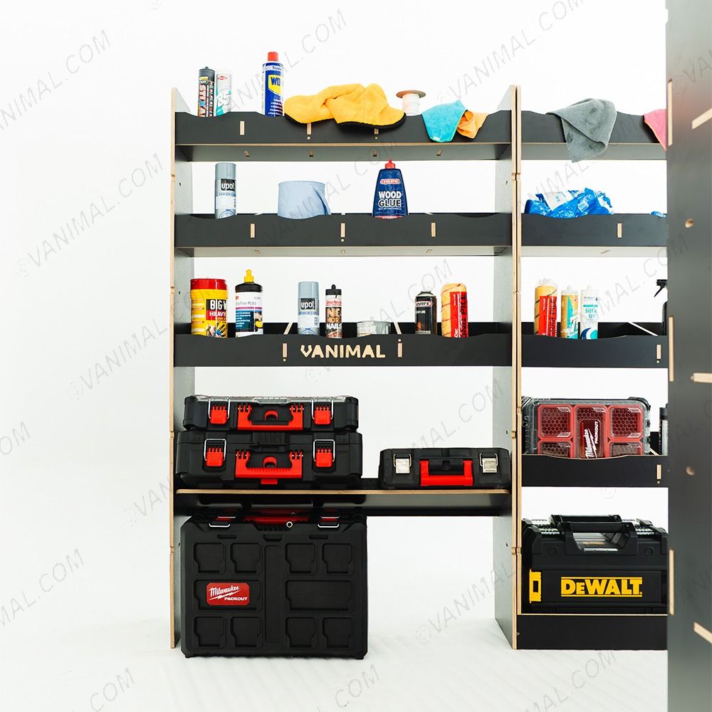 Side van view of the MAN TGE 2017- MWB Hexaboard Triple Van Racking with Toolbox Shelf displayed with tools and toolboxes