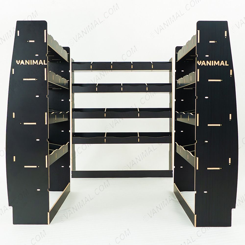 Rear van view of the MAN TGE 2017- MWB Hexaboard Double Rear and Full-Width Bulkhead Van Racking System