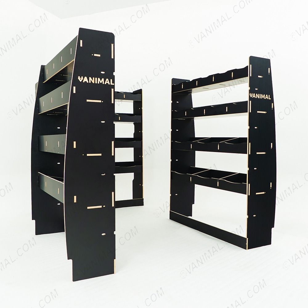 LH side angle rear van view of the MAN TGE 2017- MWB Hexaboard Double Rear and Full-Width Bulkhead Van Racking System