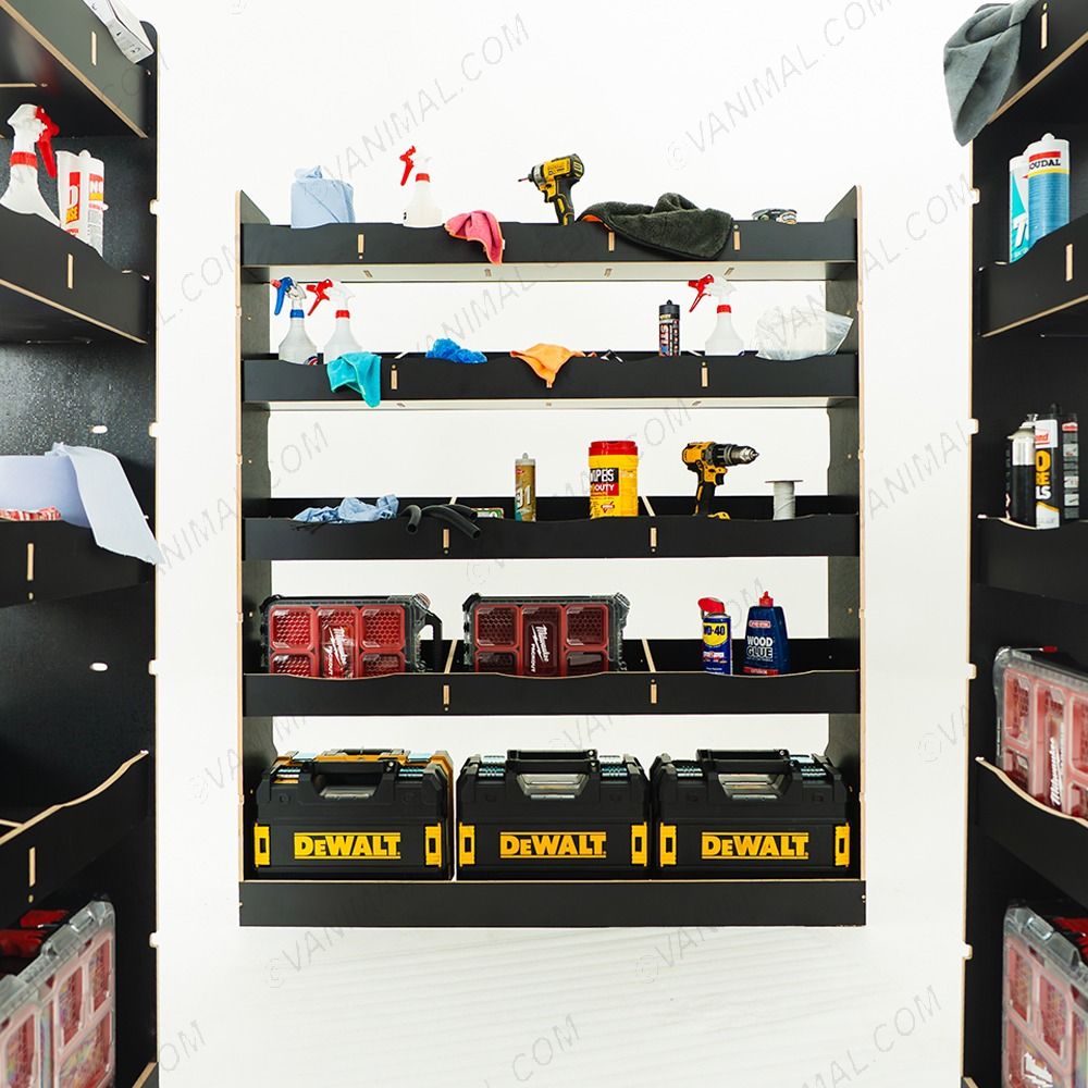 Close-up rear van view of the MAN TGE 2017- MWB Hexaboard Double Rear and Full-Width Bulkhead Van Racking System displayed with tools and toolboxes