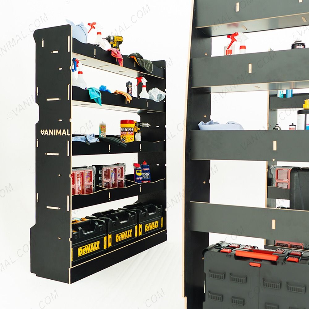 Close-up side angle van view of the MAN TGE 2017- MWB Hexaboard Double Rear and Full-Width Bulkhead Van Racking System displayed with tools and toolboxes