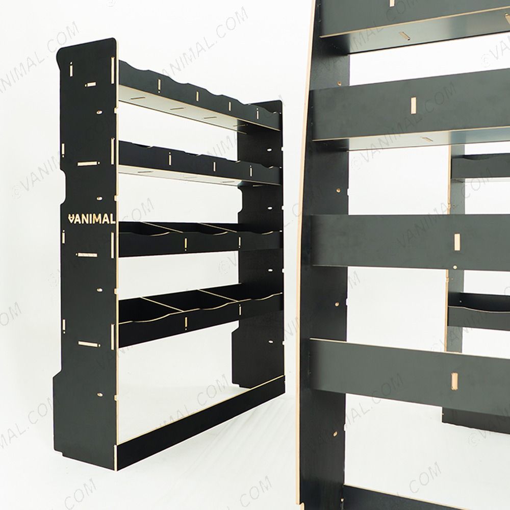 Close-up side angle van view of the MAN TGE 2017- MWB Hexaboard Double Rear and Full-Width Bulkhead Van Racking System