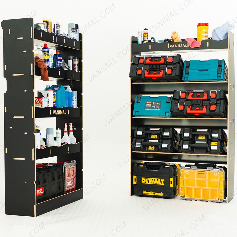 Side van view of the MAN TGE 2017- MWB Hexaboard Front Toolbox Shelving and Bulkhead Ply Racking displayed with tools and toolboxes