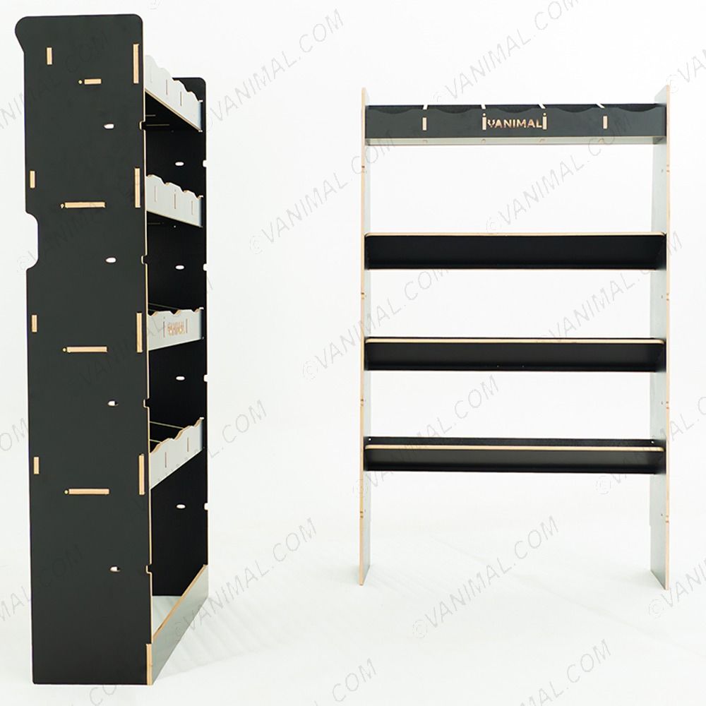 Side van view of the MAN TGE 2017- MWB Hexaboard Front Toolbox Shelving and Bulkhead Ply Racking