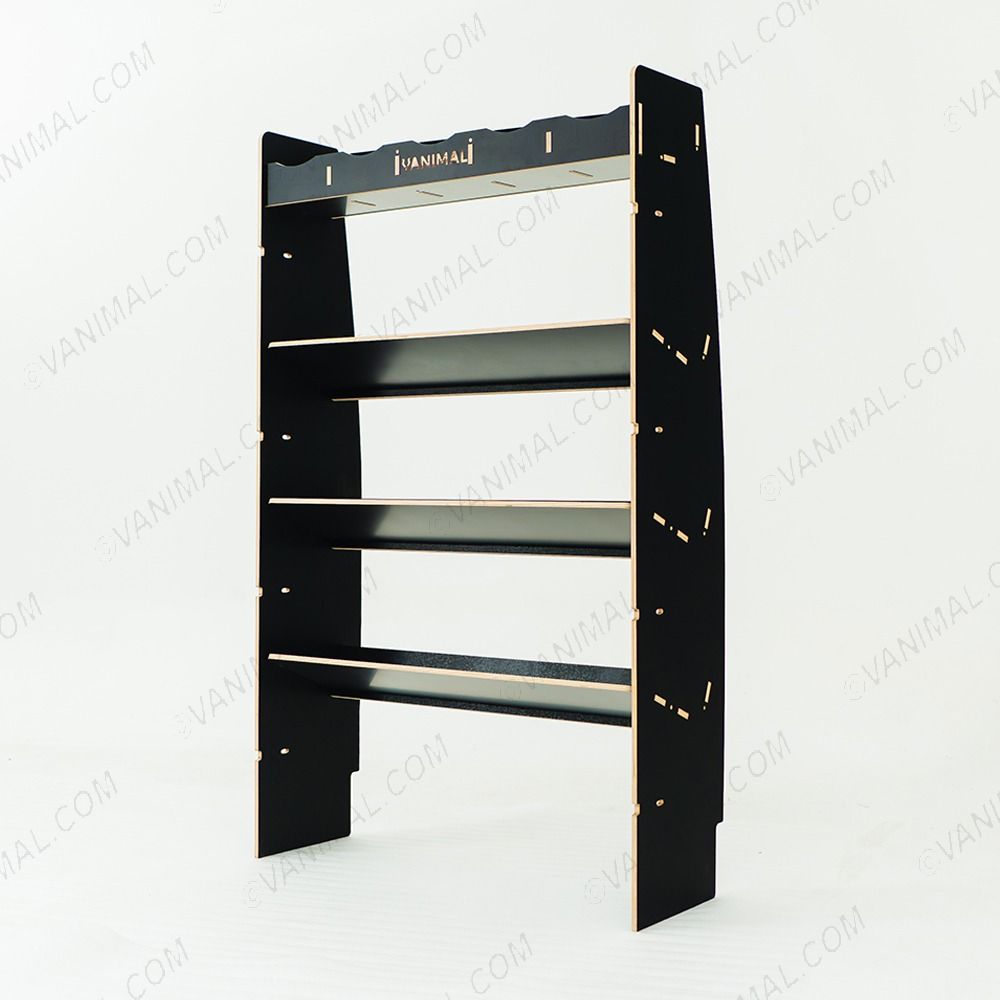 Close-up view of the front section of the MAN TGE 2017- MWB Hexaboard Front Toolbox Shelving and Bulkhead Ply Racking