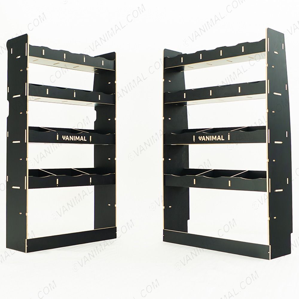 LH side angle rear van view of the MAN TGE 2017- MWB Hexaboard Front and Bulkhead Ply Racking and Shelving