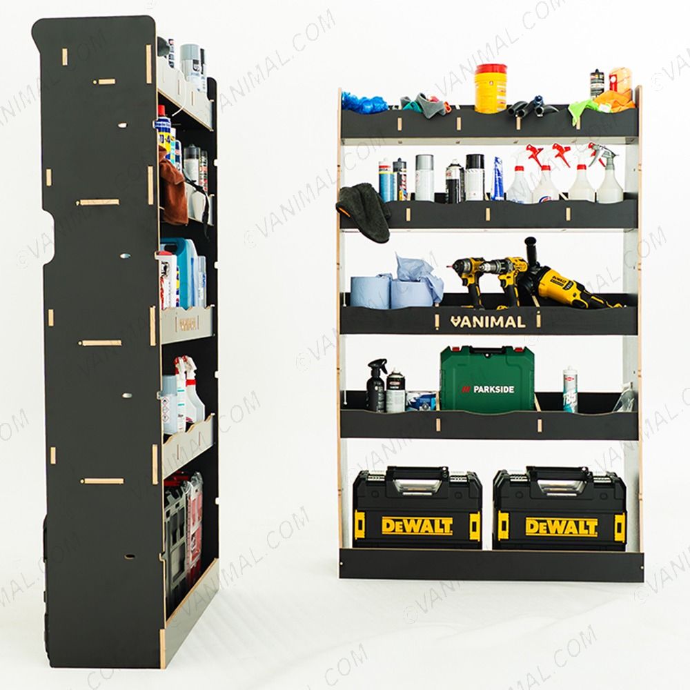 Side van view of the MAN TGE 2017- MWB Hexaboard Front and Bulkhead Ply Racking and Shelving displayed with tools and toolboxes